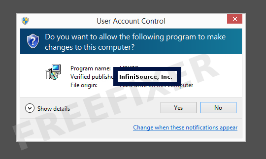 Screenshot where InfiniSource, Inc. appears as the verified publisher in the UAC dialog
